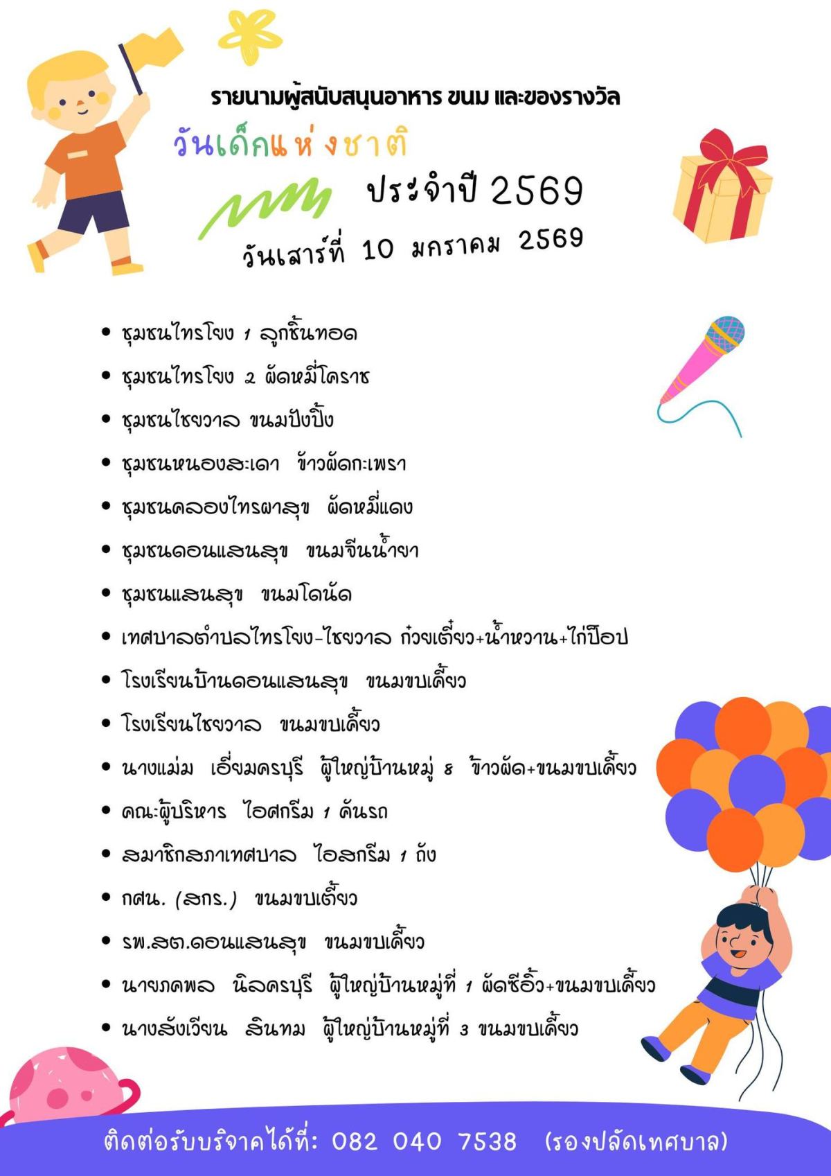 เทศบาลตำบลไทรโยง-ไชยวาล ขอเชิญร่วมกิจกรรมและร่วมบริจาคของขวัญ ของรางวัล ทุนการศึกษา อาหาร เครื่องดื่ม และขนม เพื่อมอบให้กับเด็กๆที่มาร่วมกิจกรรมงานวันเด็กแห่งชาติ ประจำปี 2569