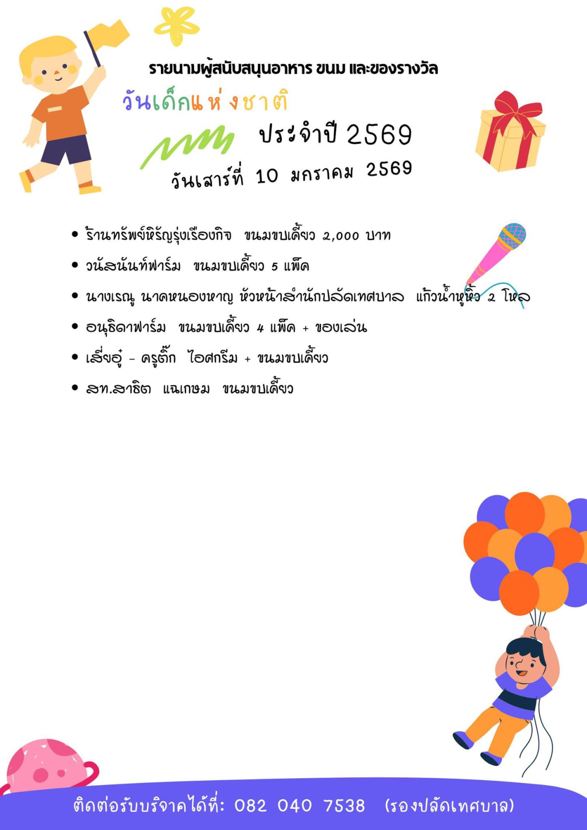 เทศบาลตำบลไทรโยง-ไชยวาล ขอเชิญร่วมกิจกรรมและร่วมบริจาคของขวัญ ของรางวัล ทุนการศึกษา อาหาร เครื่องดื่ม และขนม เพื่อมอบให้กับเด็กๆที่มาร่วมกิจกรรมงานวันเด็กแห่งชาติ ประจำปี 2569