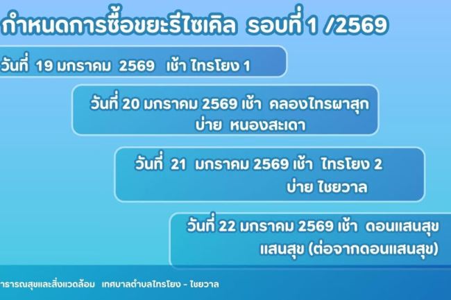 ทศบาลตำบลไทรโยง - ไชยวาล กำหนดการรับซื้อขยะรีไซเคิล รอบที่ 1/2569
