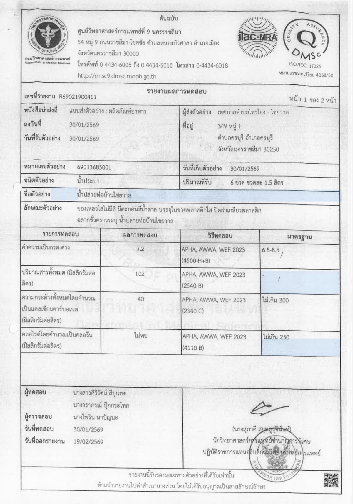 รายงานผลตรวจสอบคุณภาพน้ำ 