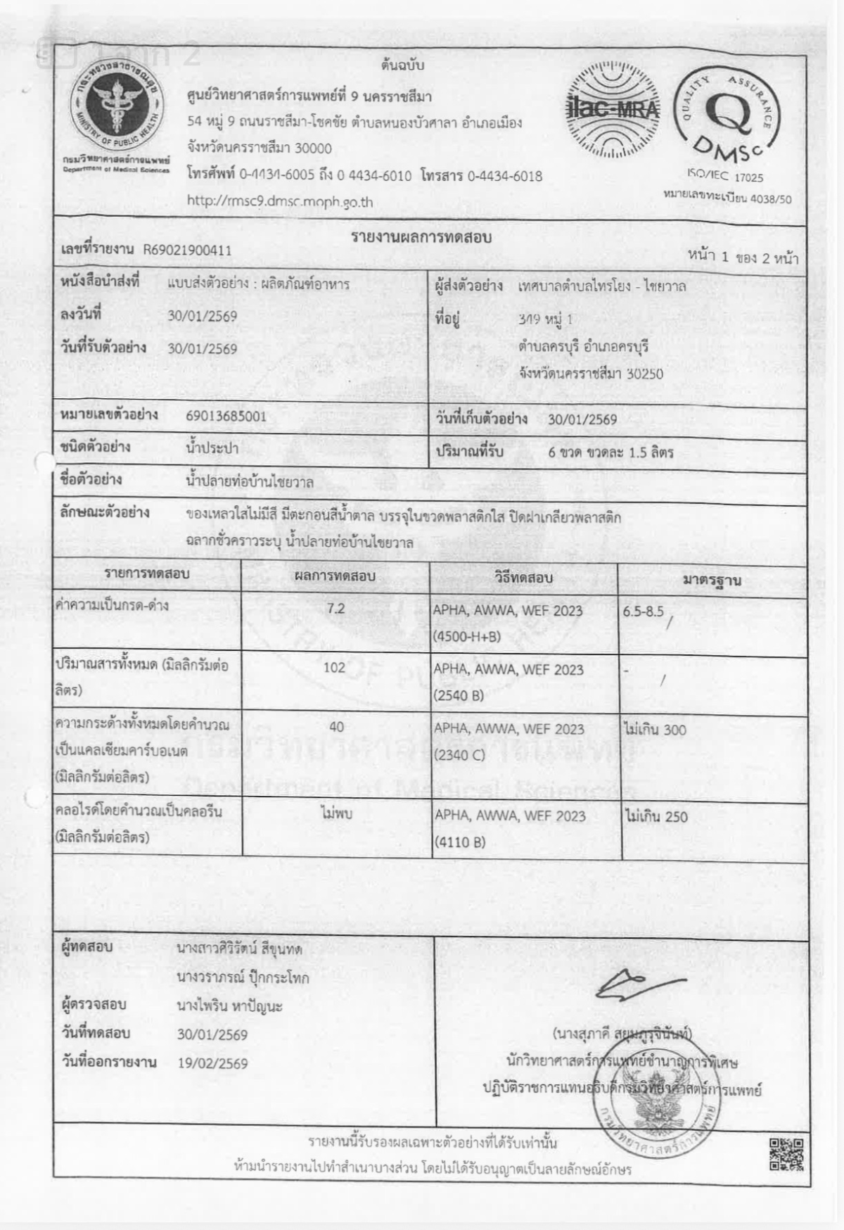 รายงานผลตรวจสอบคุณภาพน้ำ 